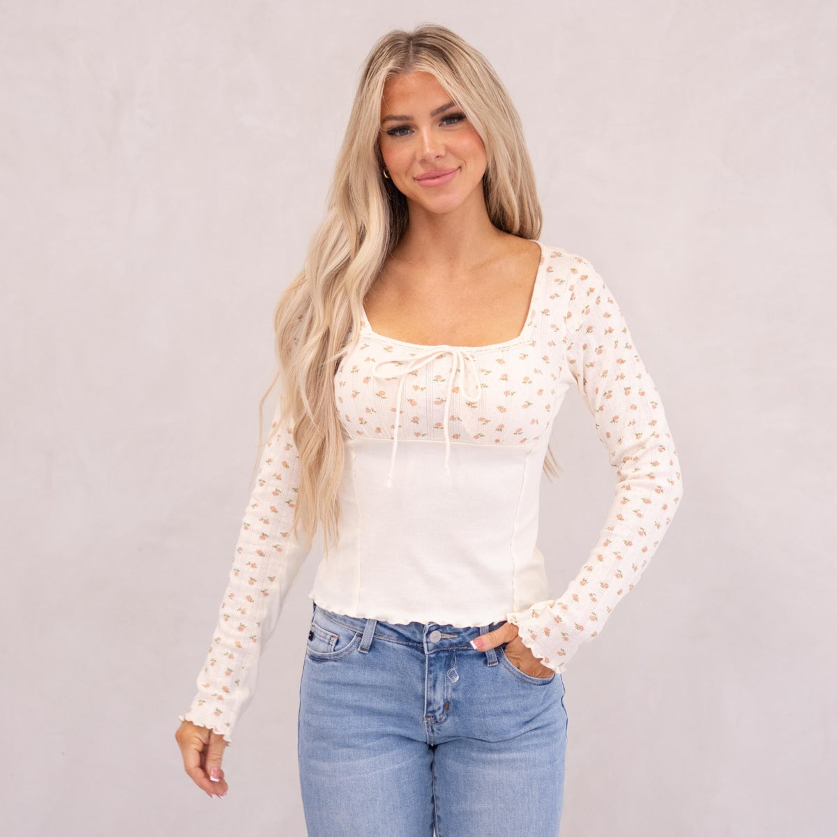Hem & Thread Wildflower Whisper Square Neck Top Ecru