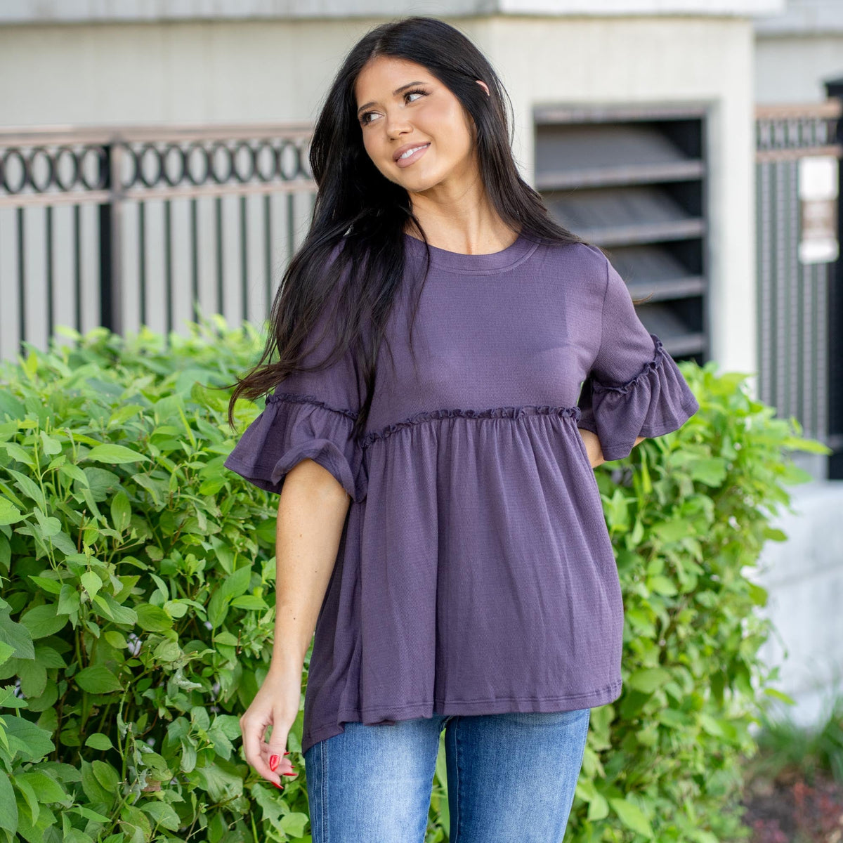 Vanilla Bay Aria Ruffle Knit Top Plum