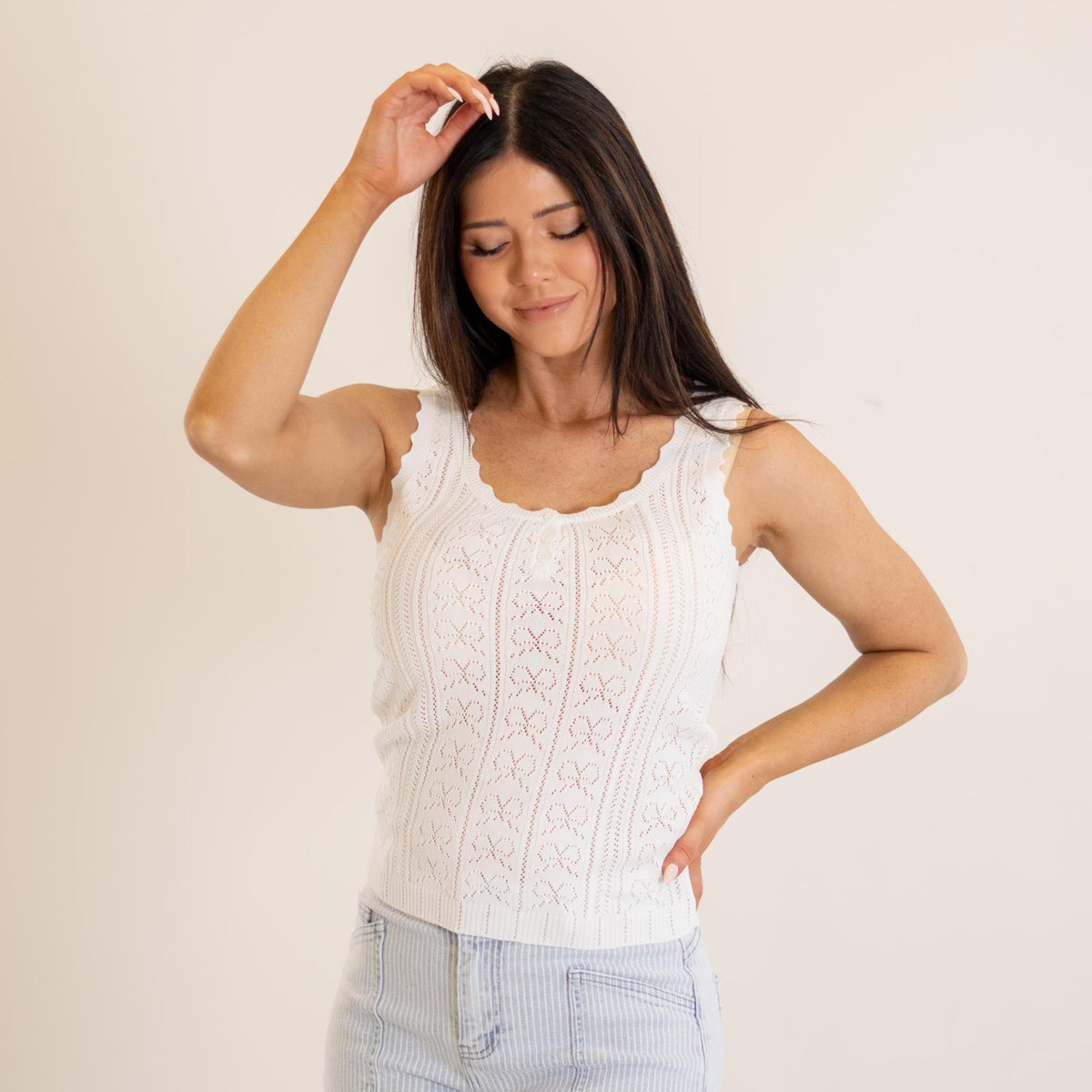 Hem & Thread Ribbon Lace Pointelle Tank White