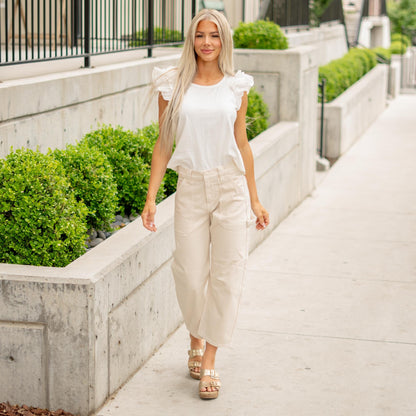 KanCan Serene Low Slung Barrel Pants - 11" Rise - Comfort Stretch Ecru
