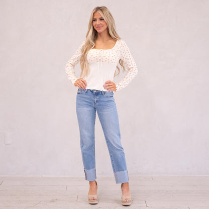 Hem & Thread Wildflower Whisper Square Neck Top Ecru