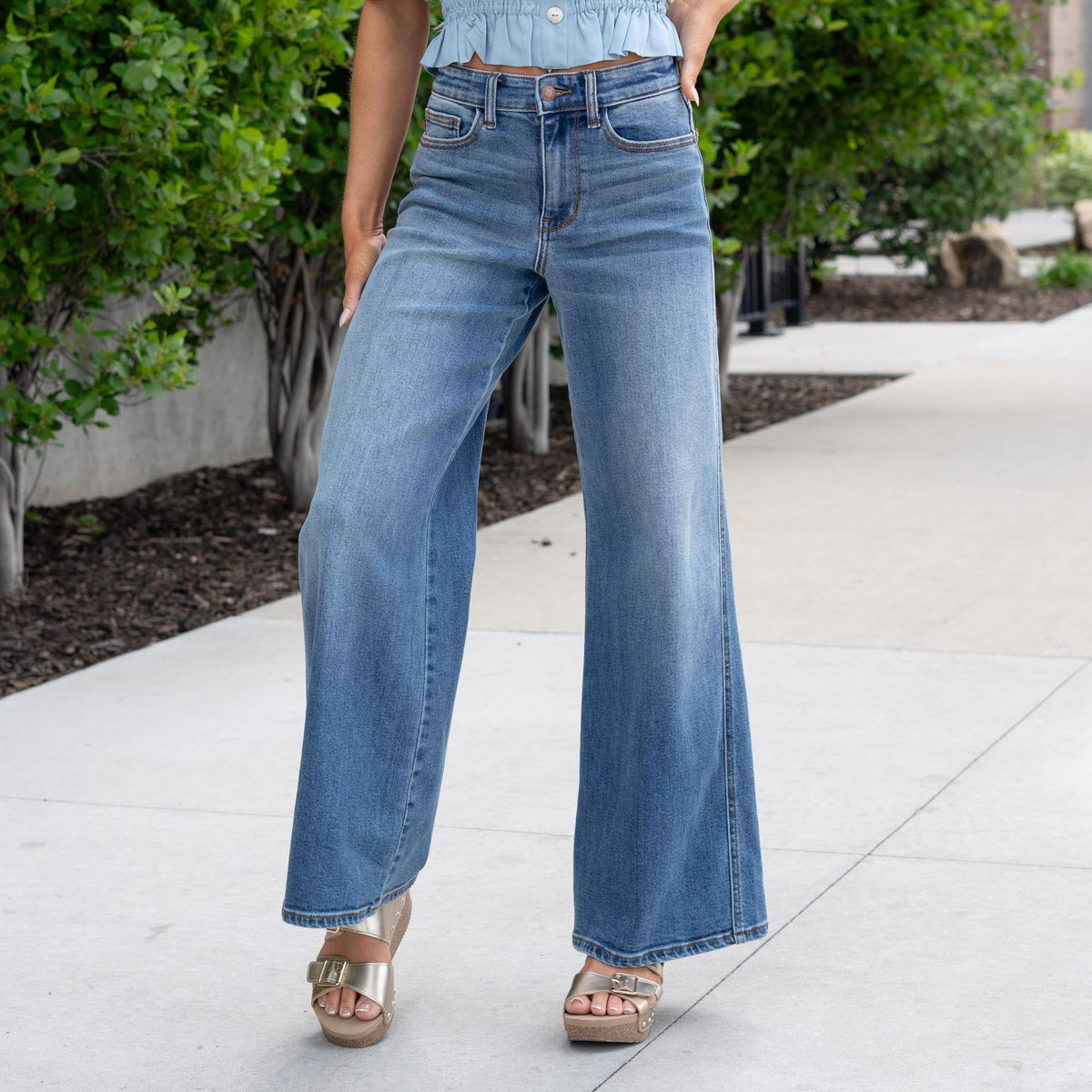 Judy Blue Sienna Mid Rise Retro Wide Leg Medium Blue Regular & Plus Sizes