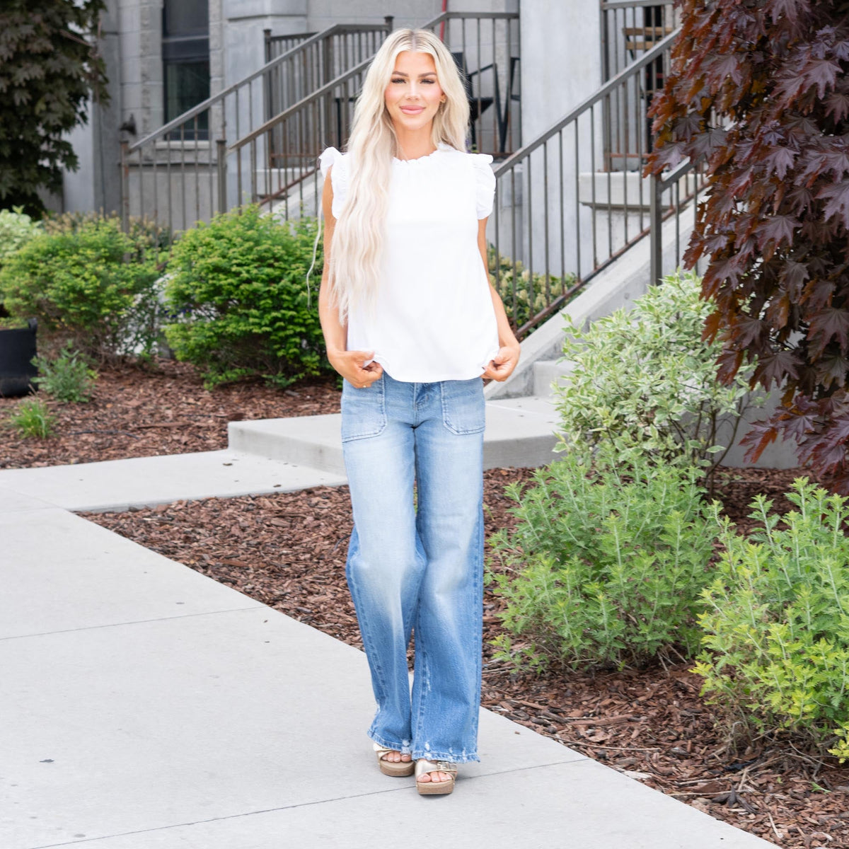 Alexis Sleeveless Ruffle Neck Top - White