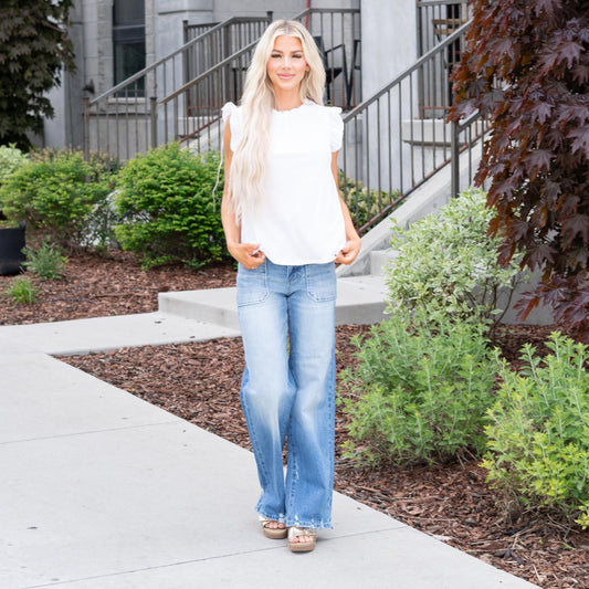 Alexis Sleeveless Ruffle Neck Top - White