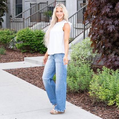 Alexis Sleeveless Ruffle Neck Top - White
