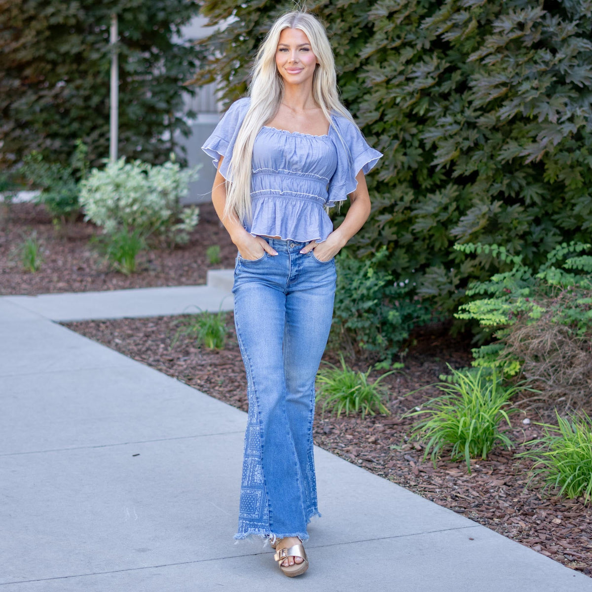 Hem & Thread Square Neck Flutter Sleeve Top Dusty Dusty Blue