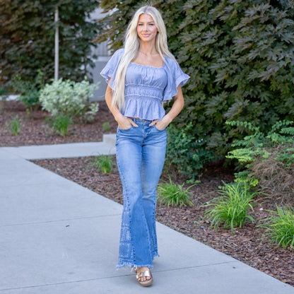 Hem & Thread Square Neck Flutter Sleeve Top Dusty Dusty Blue