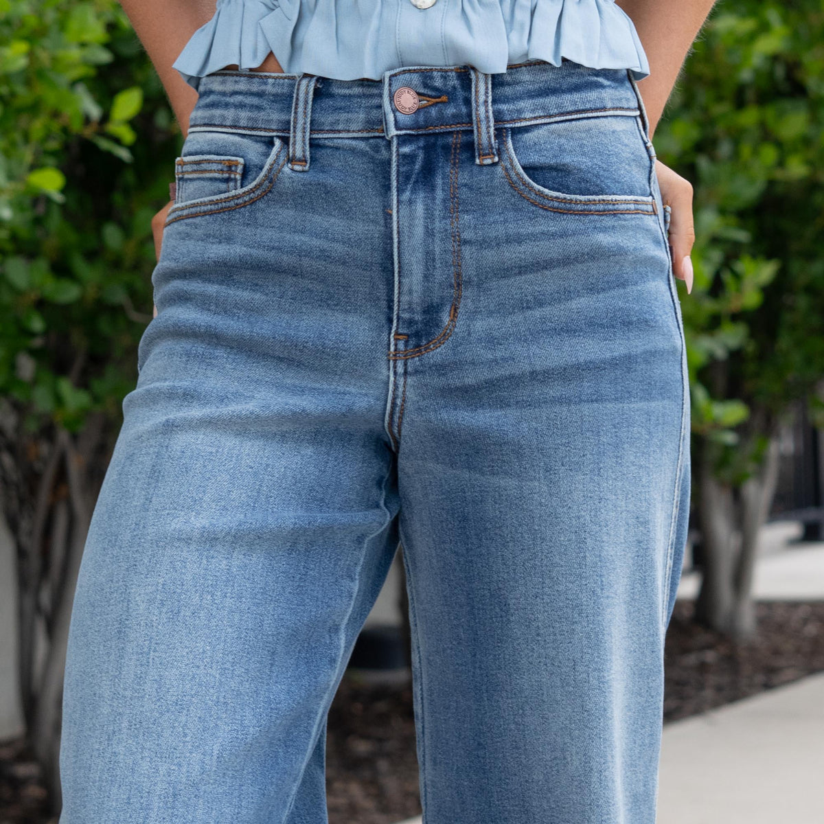 Judy Blue Sienna Mid Rise Retro Wide Leg Medium Blue Regular & Plus Sizes