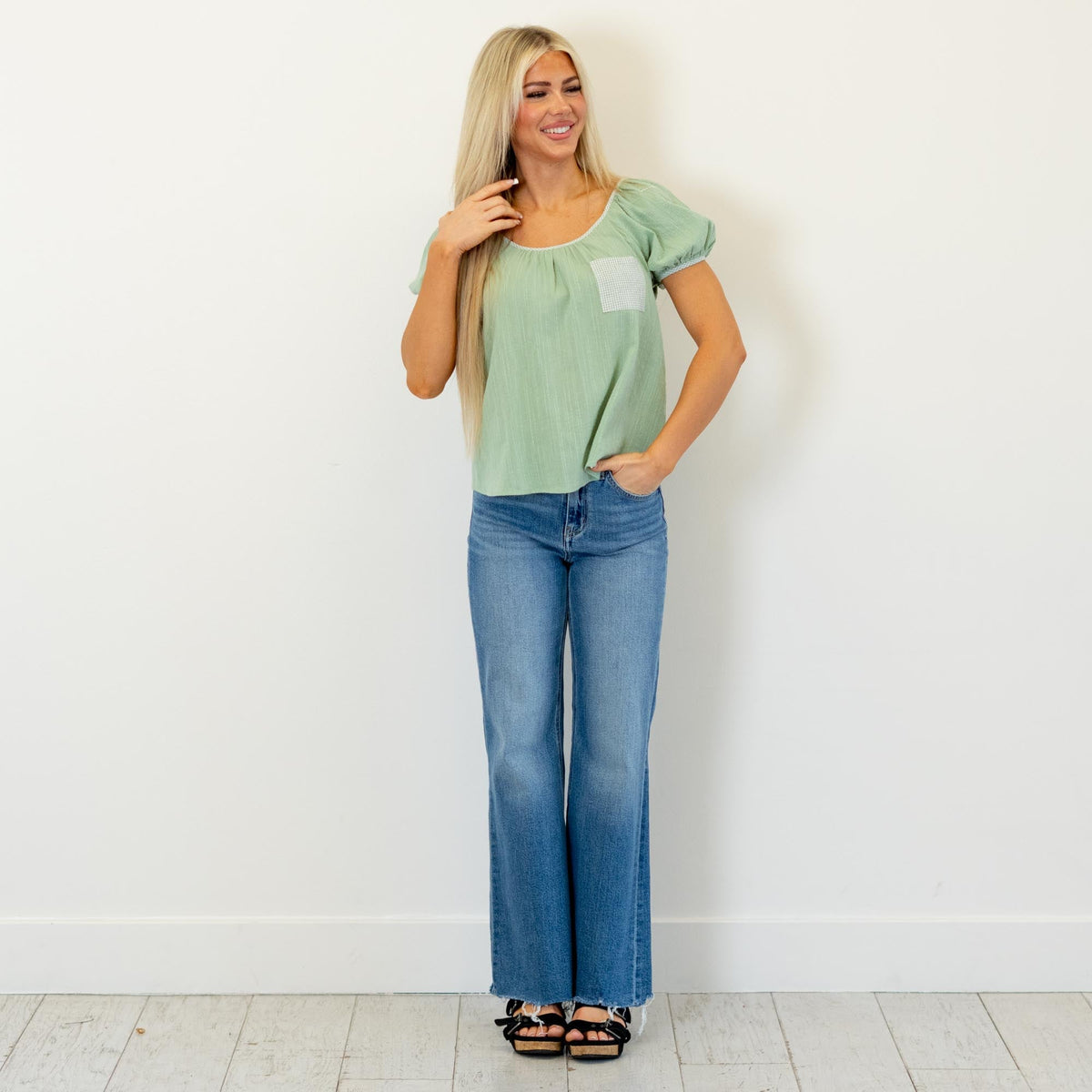 Hem & Thread Sage Meadow Plaid Pocket Top