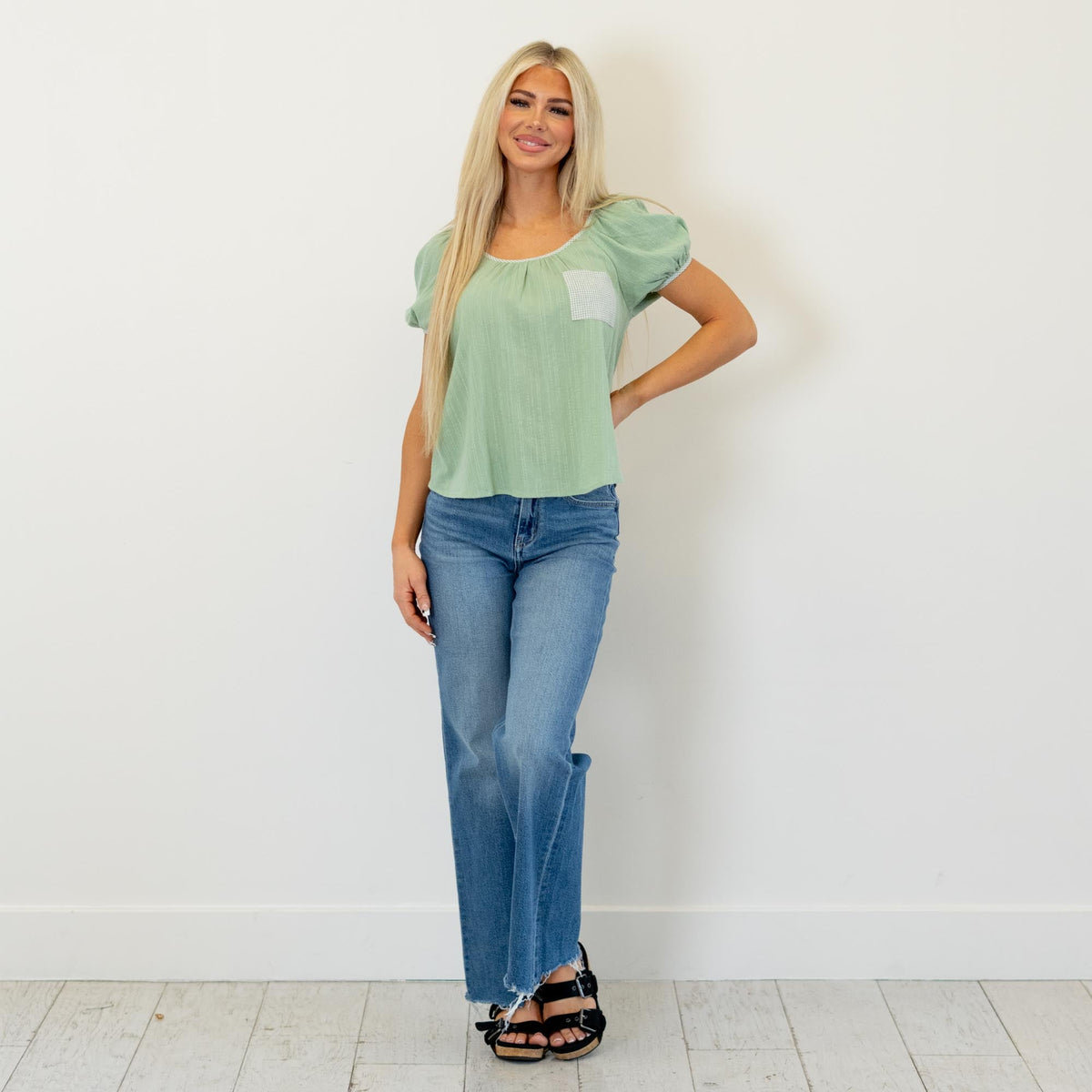 Hem & Thread Sage Meadow Plaid Pocket Top
