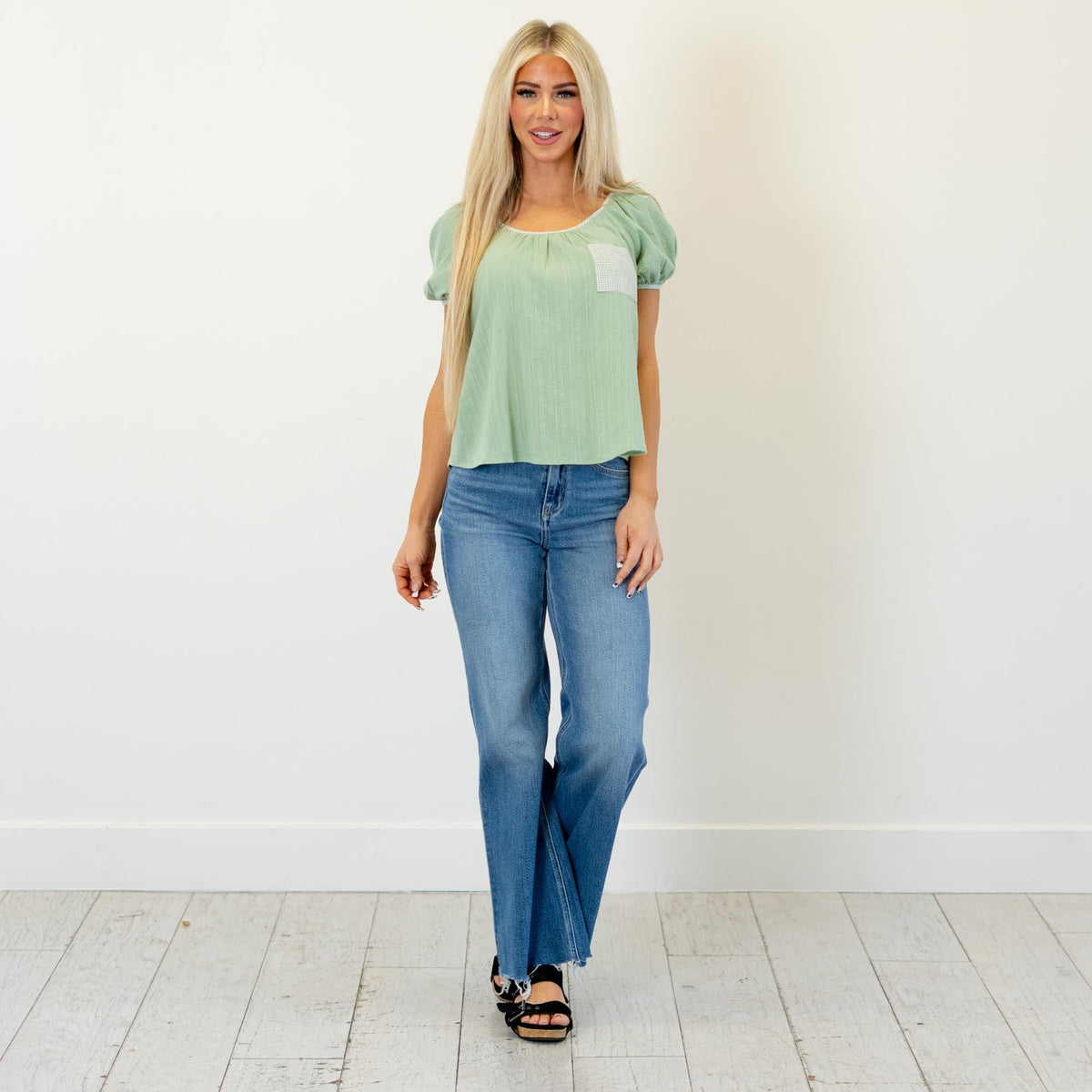 Hem & Thread Sage Meadow Plaid Pocket Top