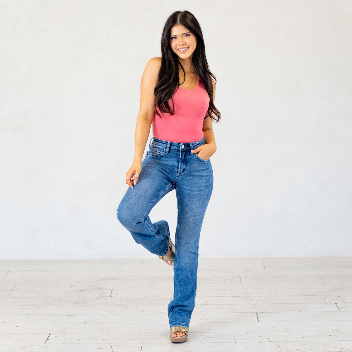 LOVERVET Neatness High Rise Full Length Bootcut Jeans Medium Blue Wash
