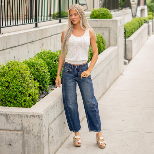 VERVET Jadeite High Rise Barrel Jeans Dark Blue Wash