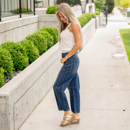 VERVET Jadeite High Rise Barrel Jeans Dark Blue Wash