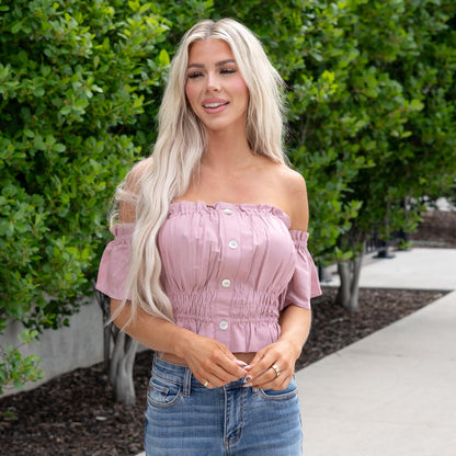Blu Ivy Button Off Shoulder Peplum Crop Top Dusty Pink