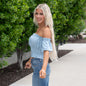 Blu Ivy Button Off Shoulder Peplum Crop Top Chambray