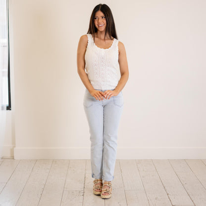 Hem & Thread Ribbon Lace Pointelle Tank White