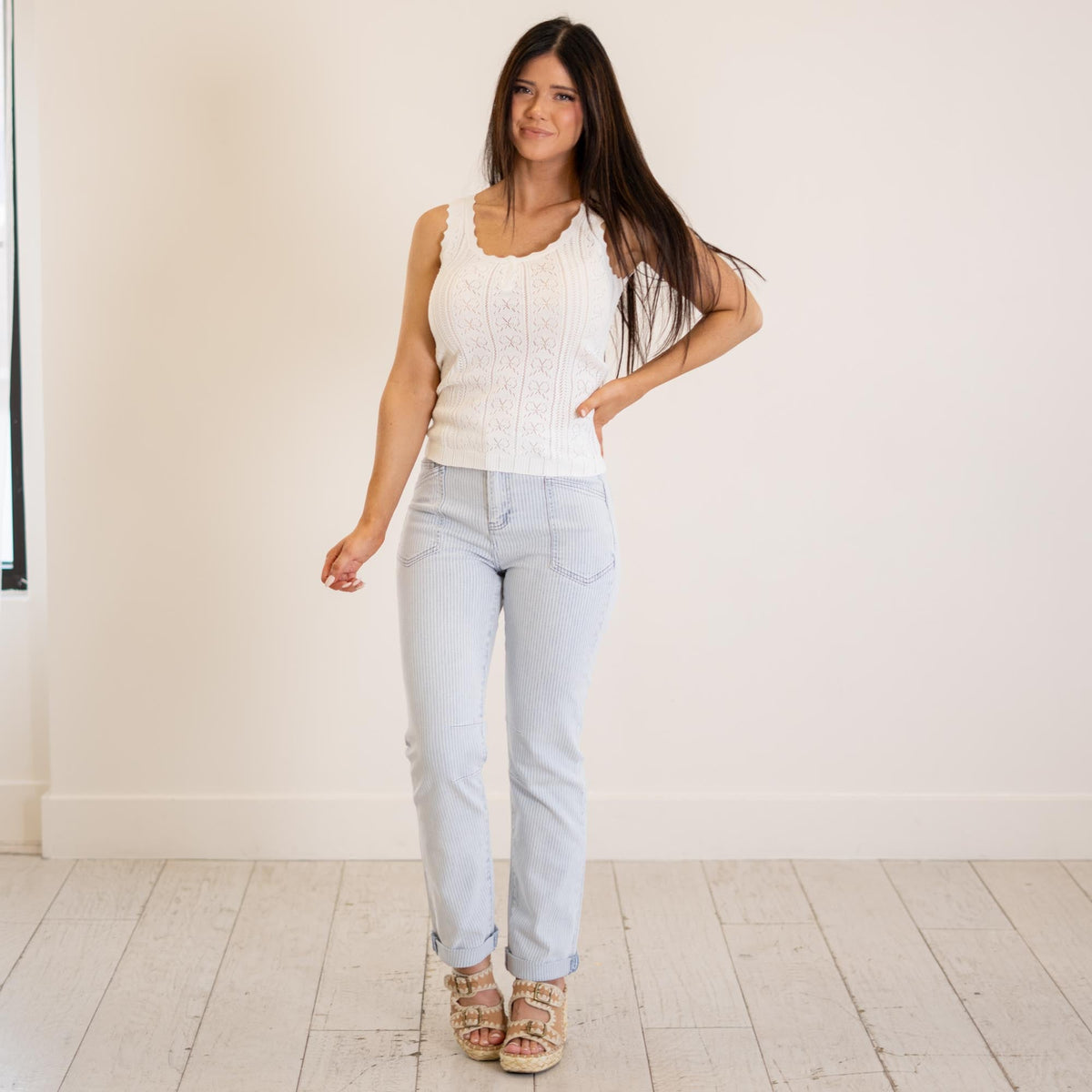 Hem & Thread Ribbon Lace Pointelle Tank White