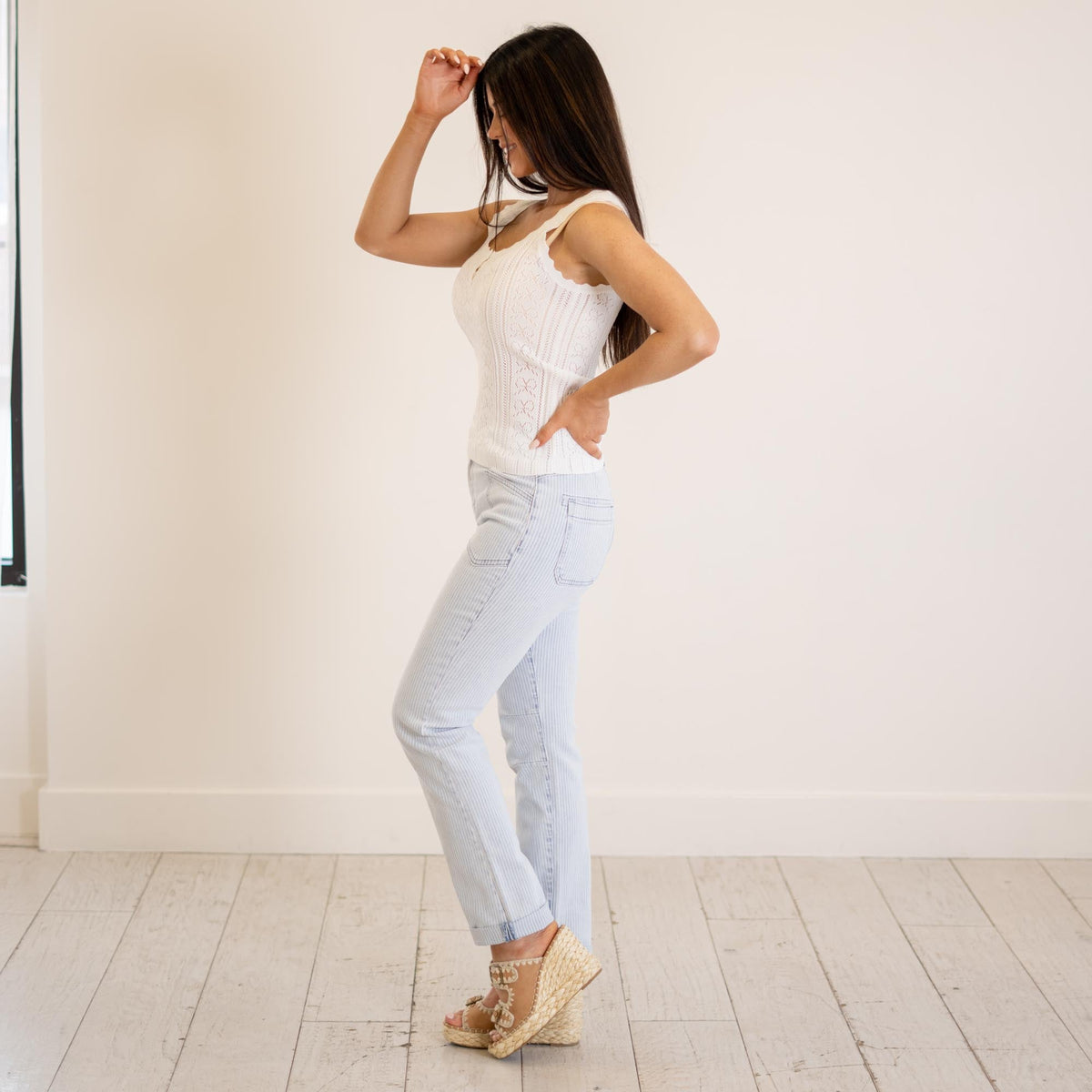 Hem & Thread Ribbon Lace Pointelle Tank White