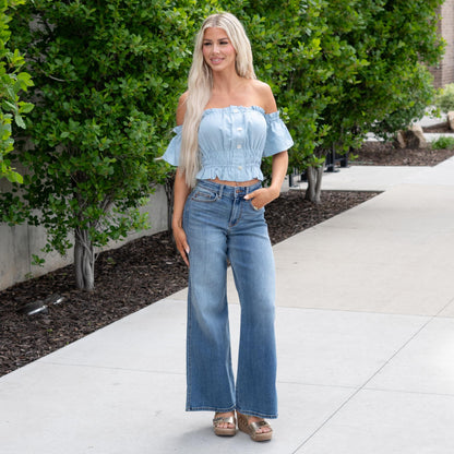 Judy Blue Sienna Mid Rise Retro Wide Leg Medium Blue Regular & Plus Sizes